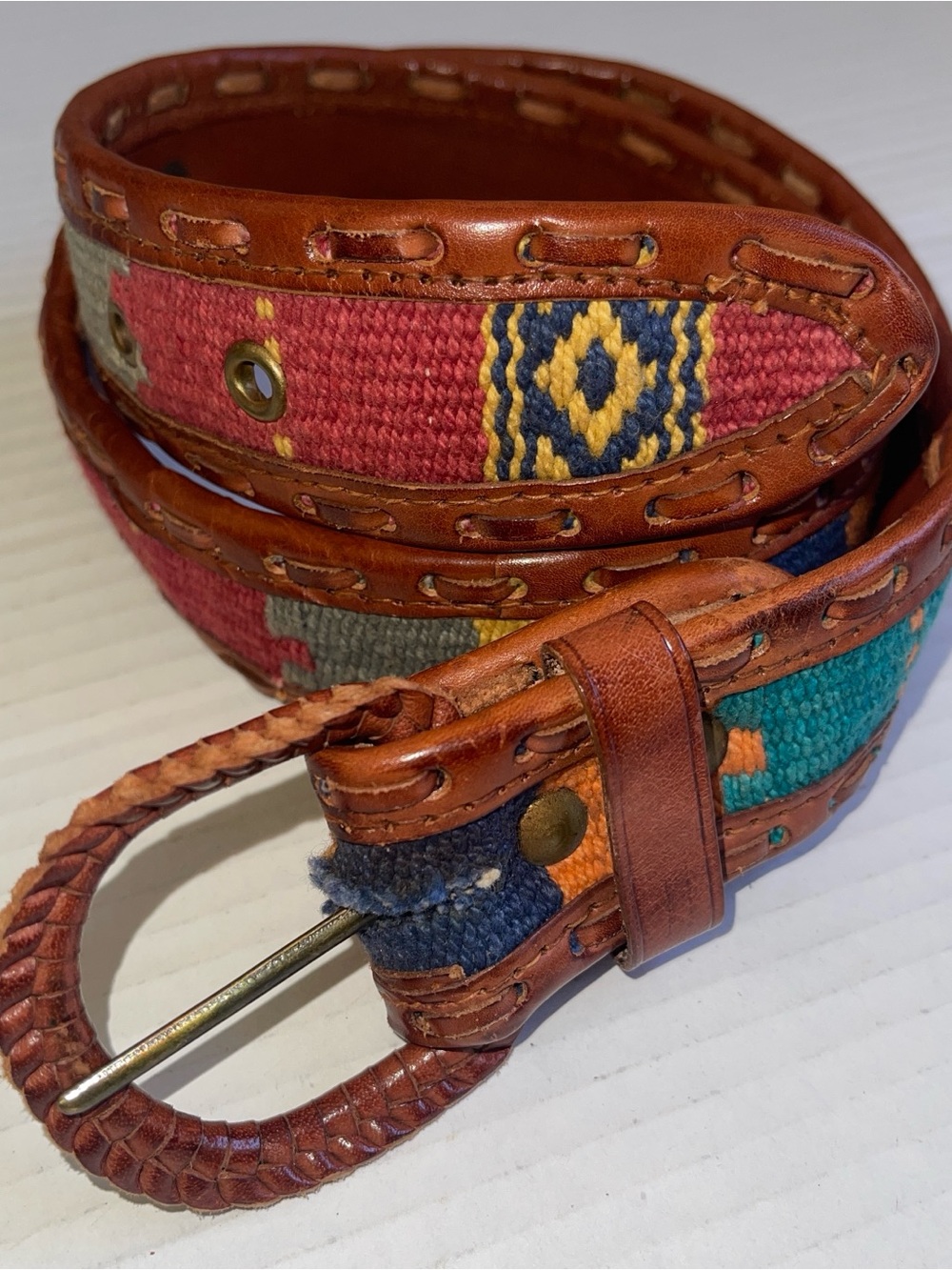 Handwoven Multicolor Leather Trim Southwestern Aztec Belt‎ 34 Unisex